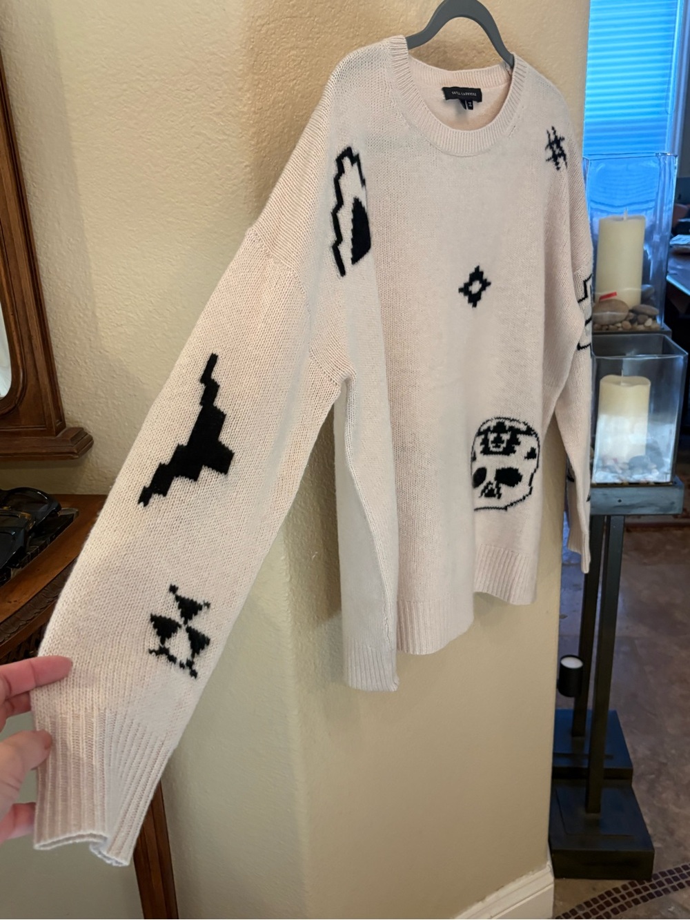 Skull Cashmere Ivory Skull Aztec Print 100% Cashmere Crew Neck Sweater-Large - Picture 3 of 7